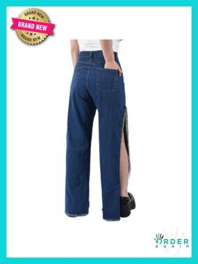 High Waisted Straight Wide Leg Jeans with Rhinestone Fringe Trim Side Split